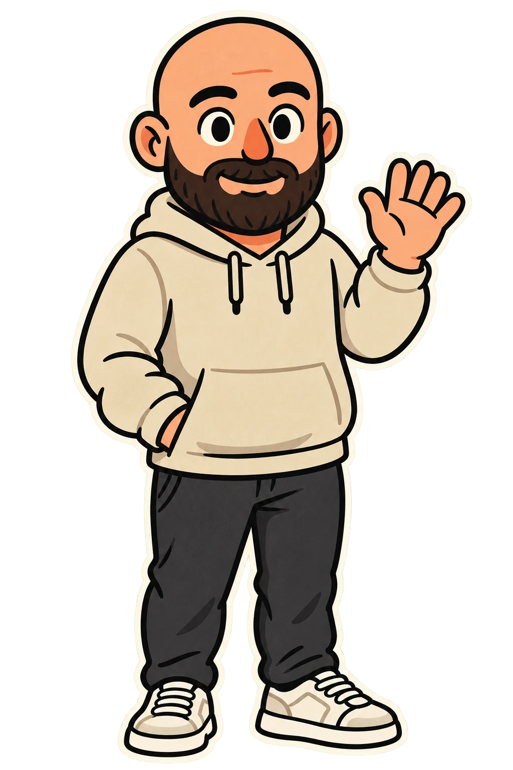 Cartoon of Alan, a bald man with a beard in a beige hoodie, waving